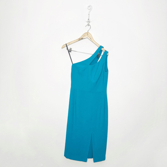 BLACK HALO Yara One-Shoulder Cocktail Dress Turquoise Blue Crepe womens US 6 - Picture 1 of 7